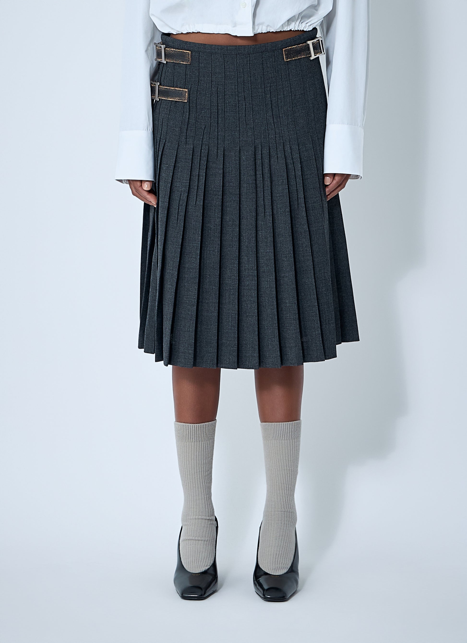 Prada Women Pleated Rush Stitch Skirt With Belt PRADA