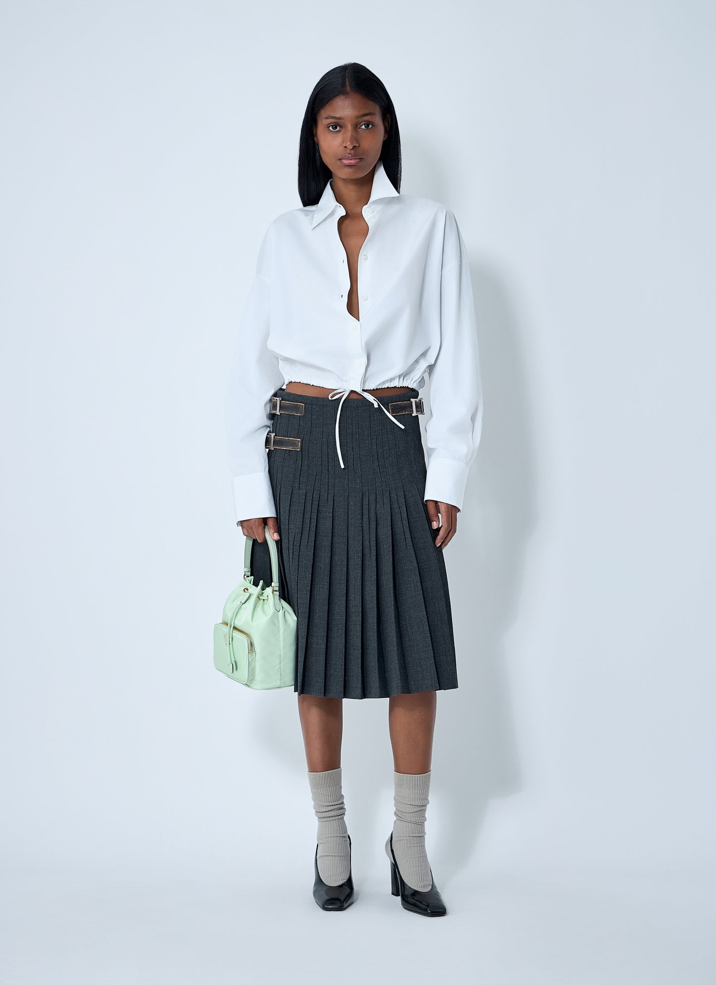 Prada Women Pleated Rush Stitch Skirt With Belt PRADA