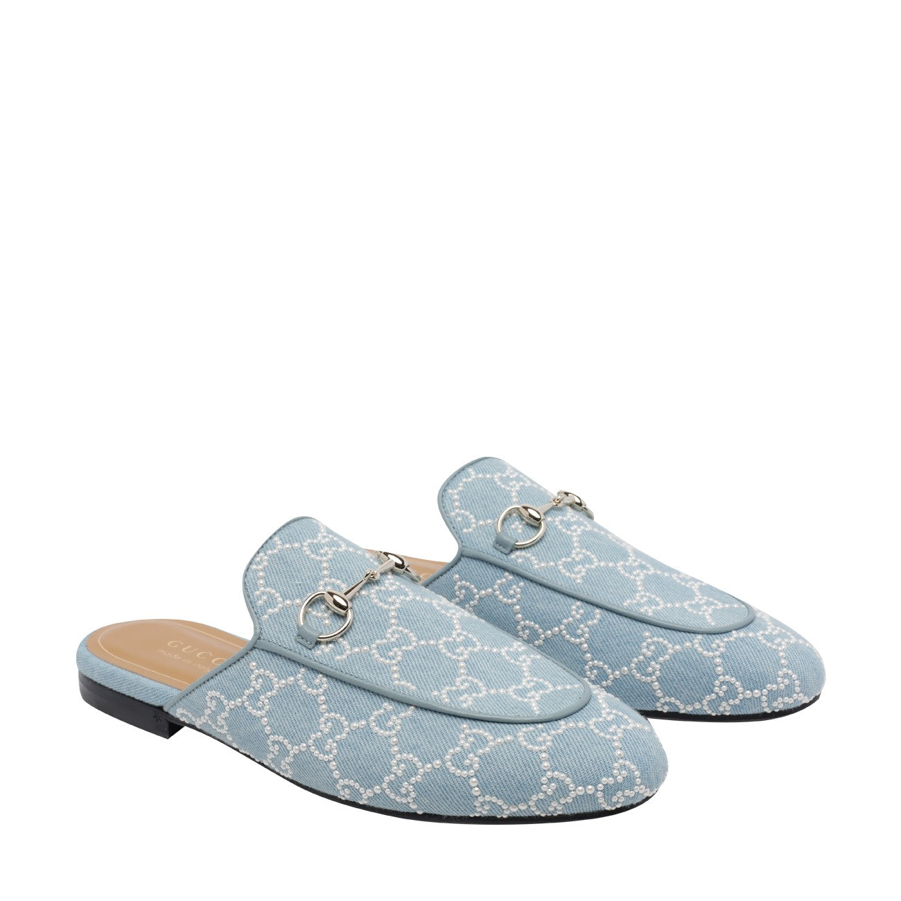 Gucci Women Princetown Slippers With Pearls In Gg Denim GUCCI