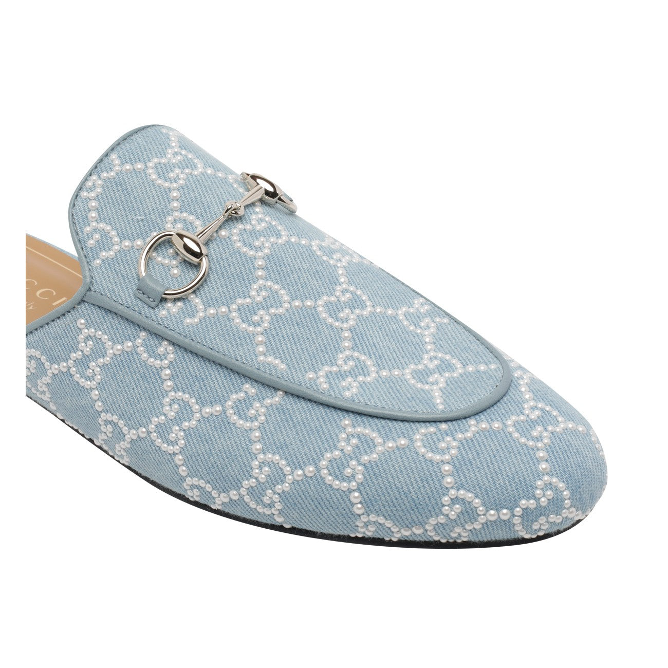 Gucci Women Princetown Slippers With Pearls In Gg Denim GUCCI
