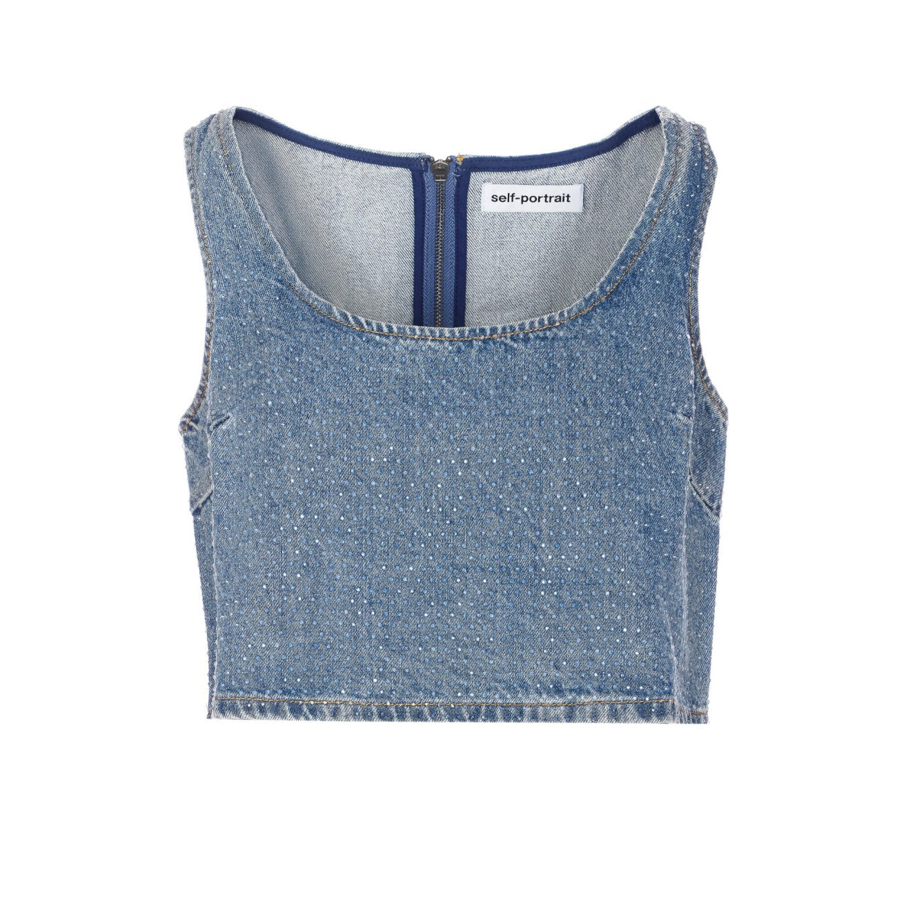 Self Portrait Women Rhinestone Denim Crop Top SELF-PORTRAIT