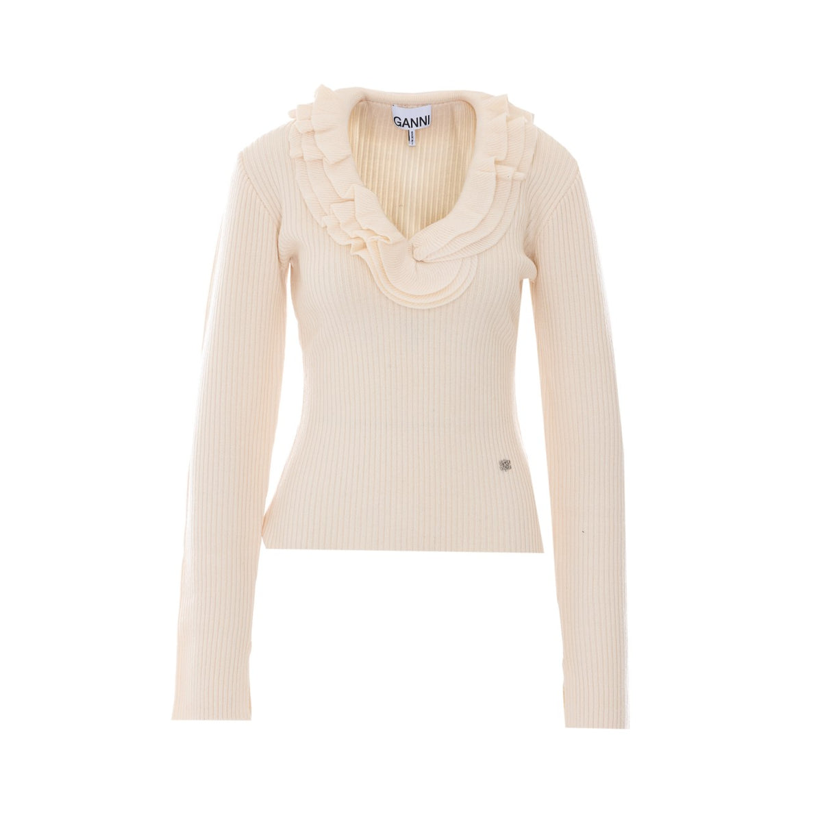 Ganni Women Ribbed Merino Top With Logo And Ruches GANNI