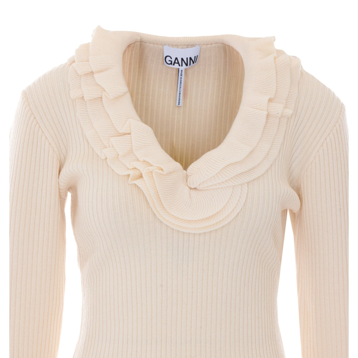 Ganni Women Ribbed Merino Top With Logo And Ruches GANNI