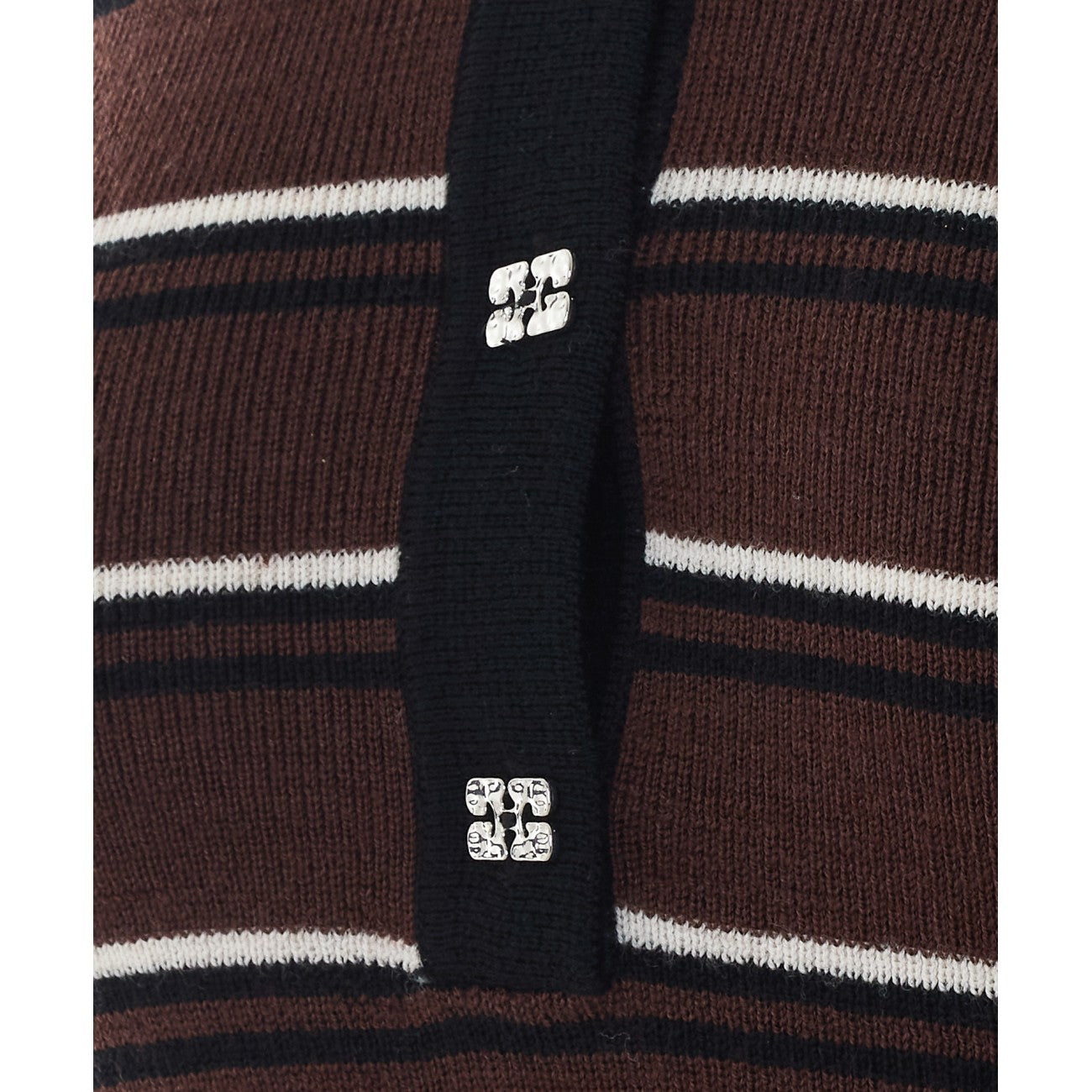 Ganni Women Ribbed Wool Long Sleeves Polo With Logo Buttons GANNI