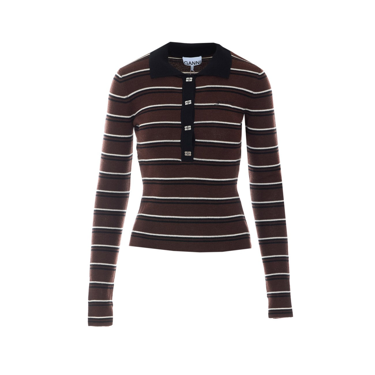 Ganni Women Ribbed Wool Long Sleeves Polo With Logo Buttons GANNI