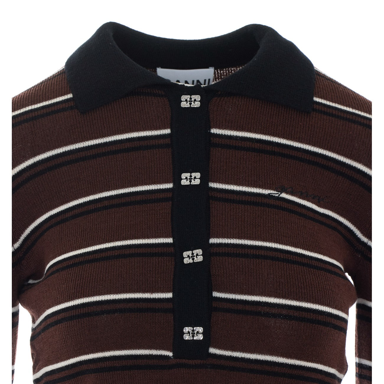 Ganni Women Ribbed Wool Long Sleeves Polo With Logo Buttons GANNI
