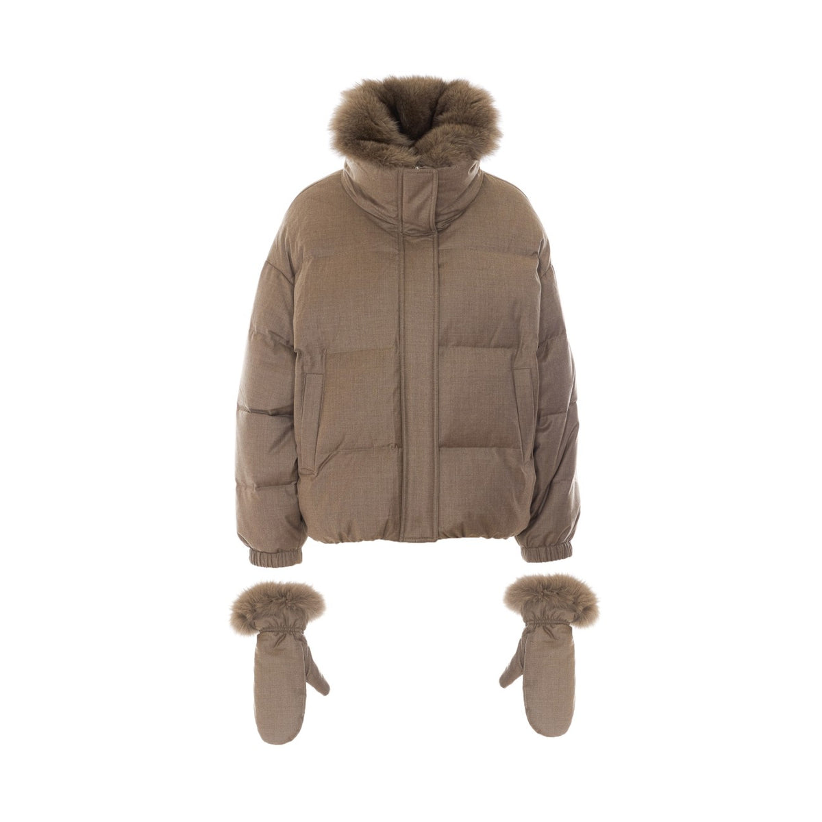 Yves Salomon Women Short Flannel Down Jacket With Peel-Off Neck In Fox Fur And Mittens YVES SALOMON