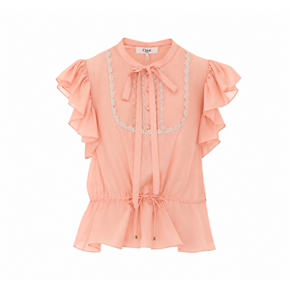 Chloe' Women Short-Sleeve Ruffle Top In Washed Silk Habotai & Lace CHLOE