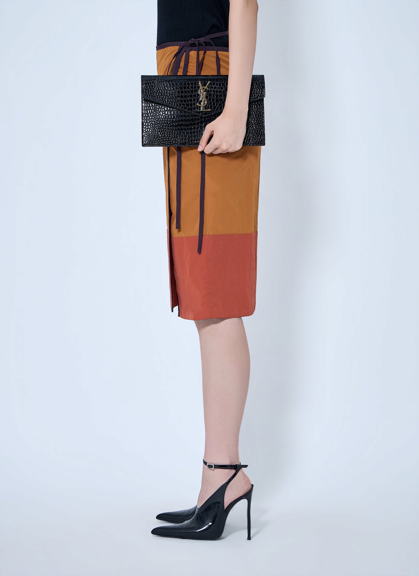 Saint Laurent Women Uptown Crocodile-Embossed Shiny Leather Pouch SAINT LAURENT