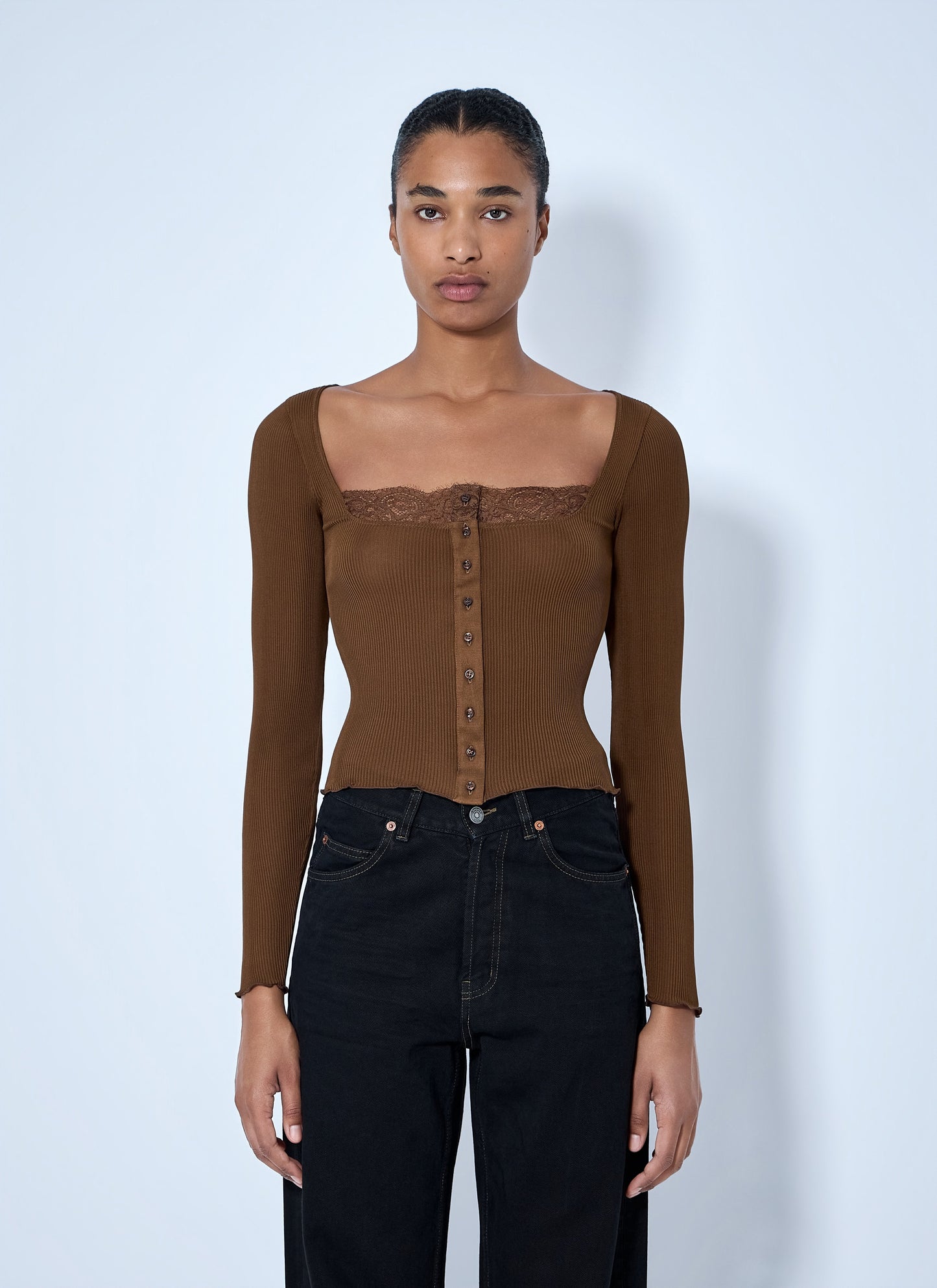 Saint Laurent Women Ribbed Lacy Button Up Top SAINT LAURENT