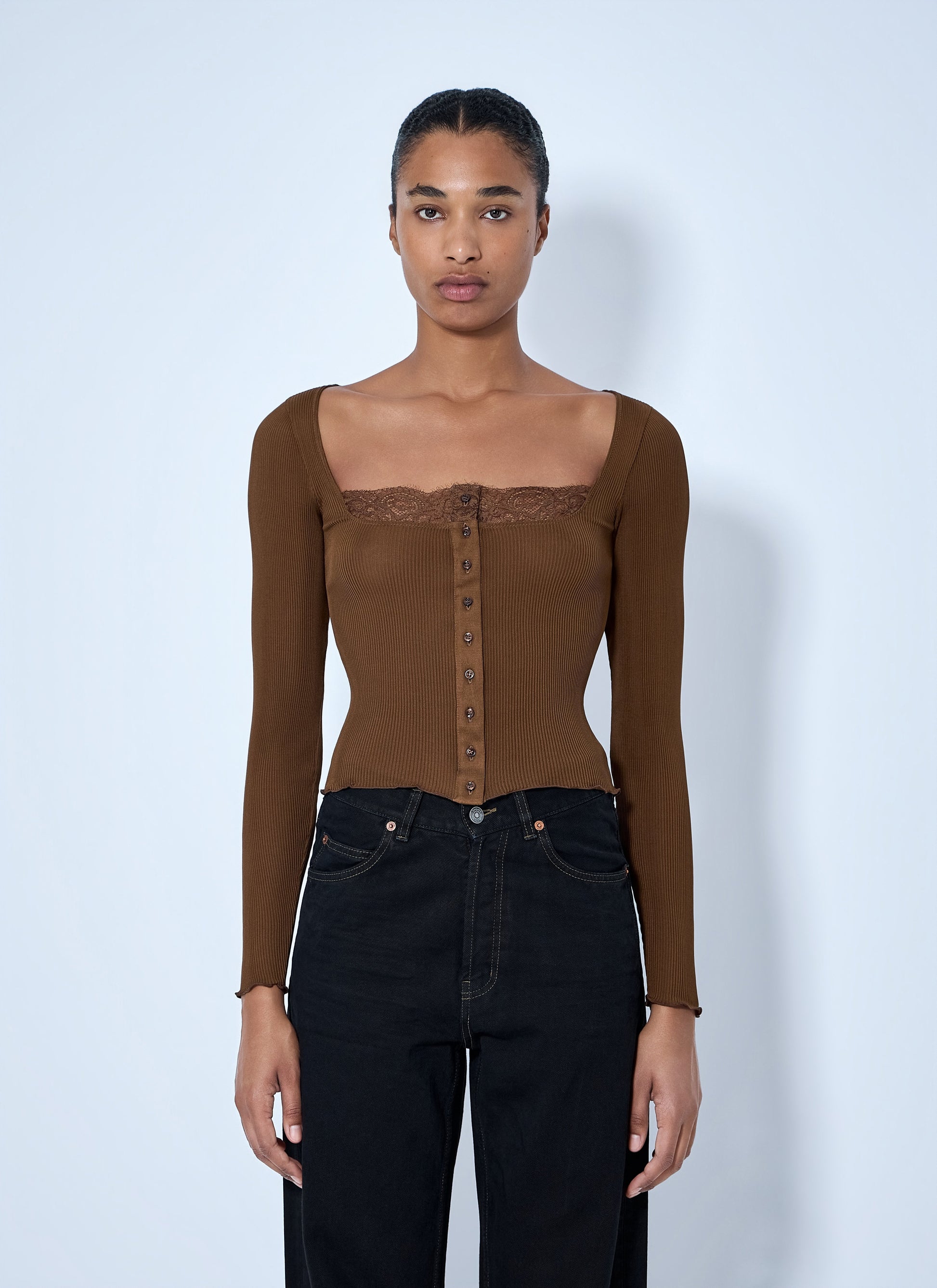 Saint Laurent Women Ribbed Lacy Button Up Top SAINT LAURENT