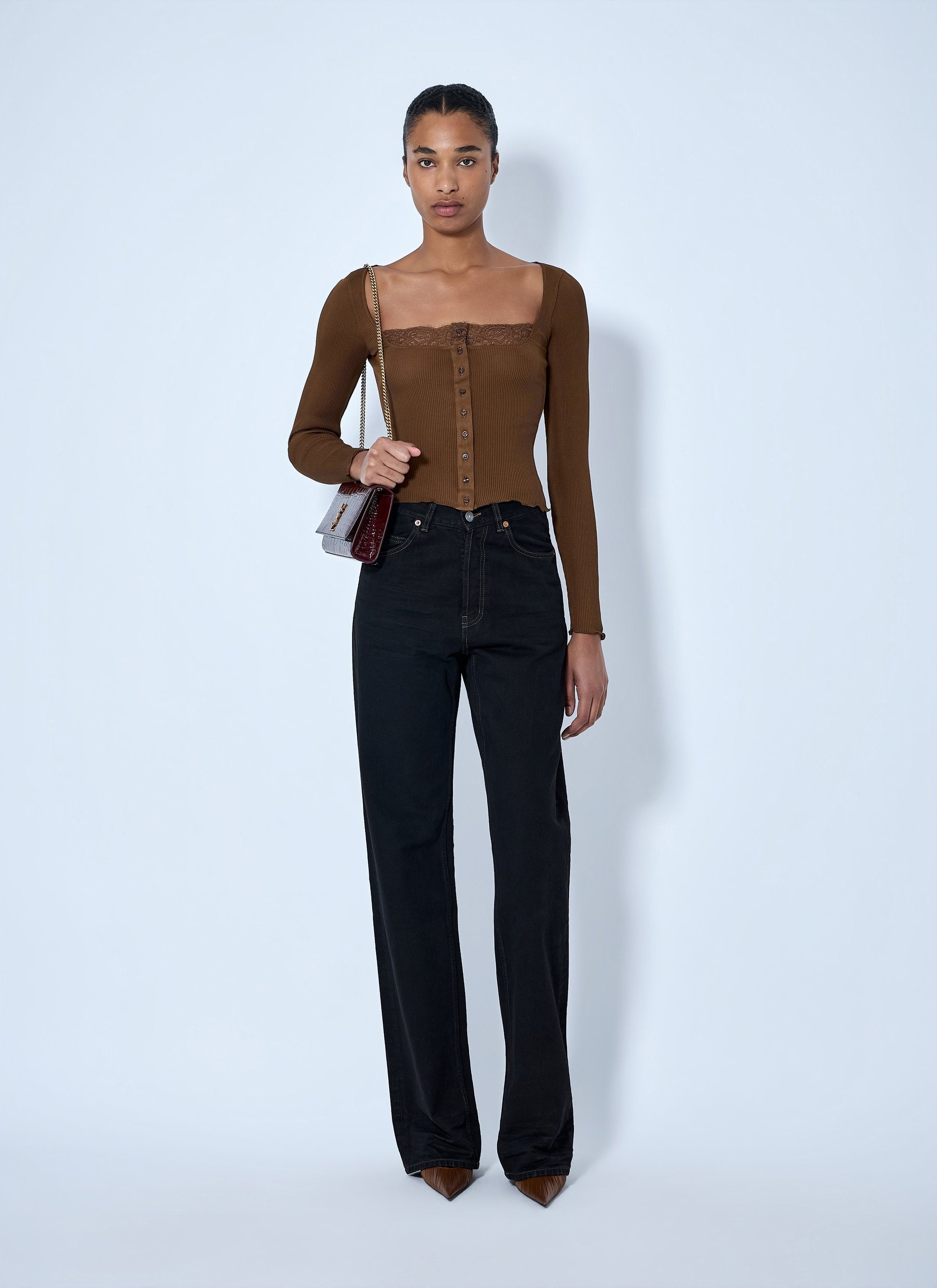 Saint Laurent Women Ribbed Lacy Button Up Top SAINT LAURENT