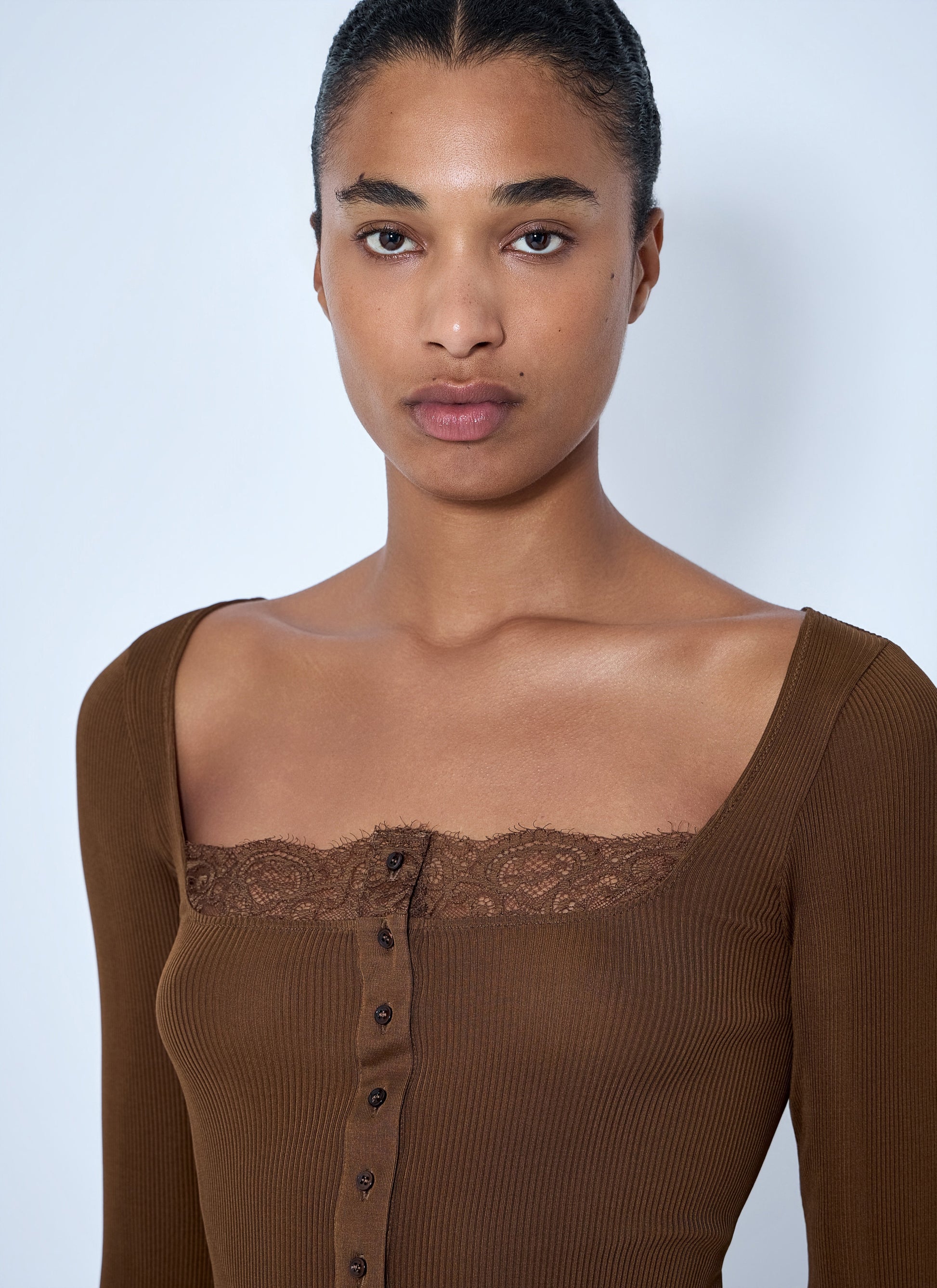 Saint Laurent Women Ribbed Lacy Button Up Top SAINT LAURENT
