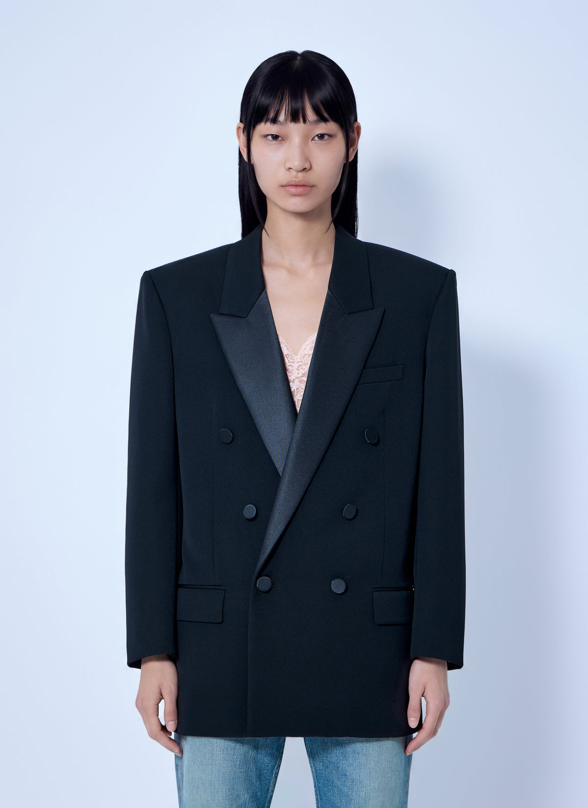 Saint Laurent Women Double-Breasted Blazer With Satin Lapels SAINT LAURENT