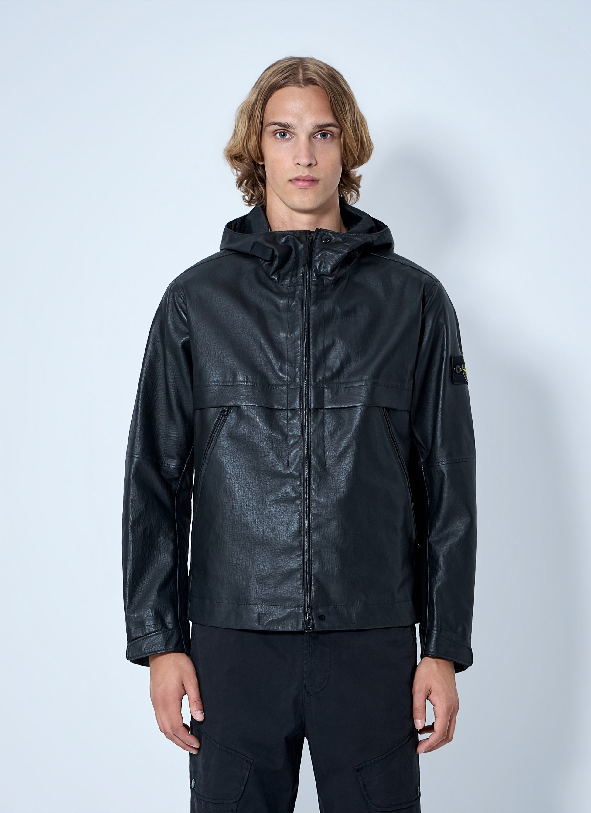 Stone Island Men Hooded Leather Jacket STONE ISLAND
