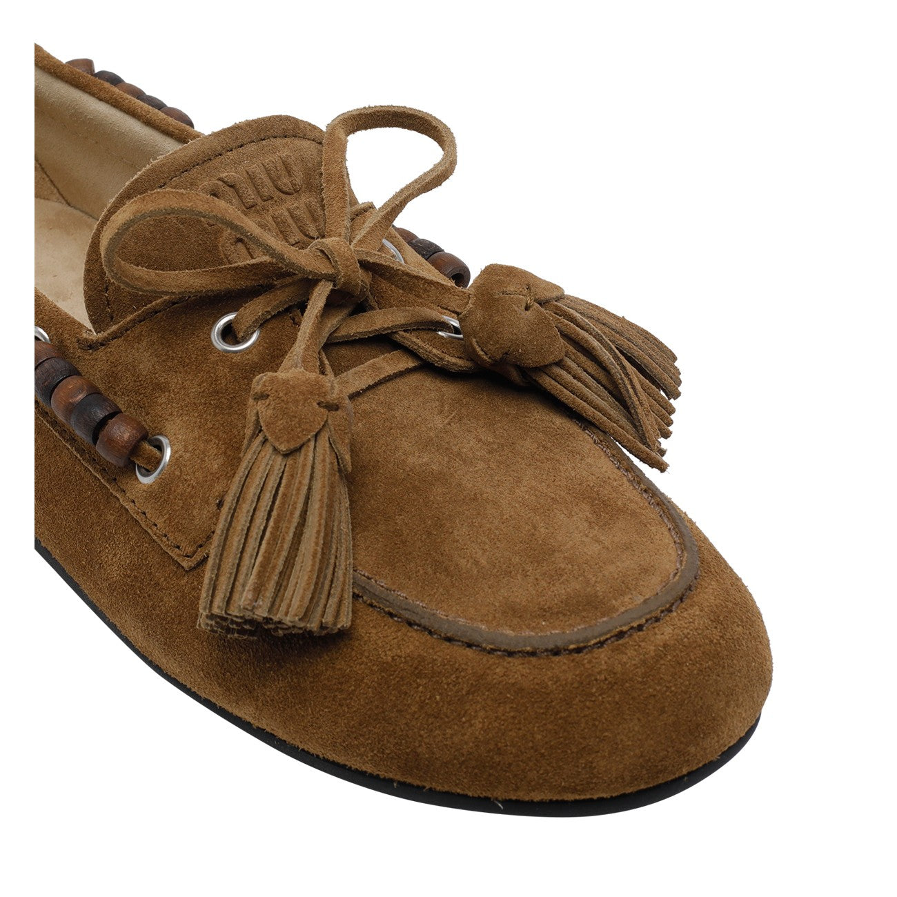 Miu Miu Women Suede Deck Loafers With Tassels And Miu Miu Logo MIU MIU