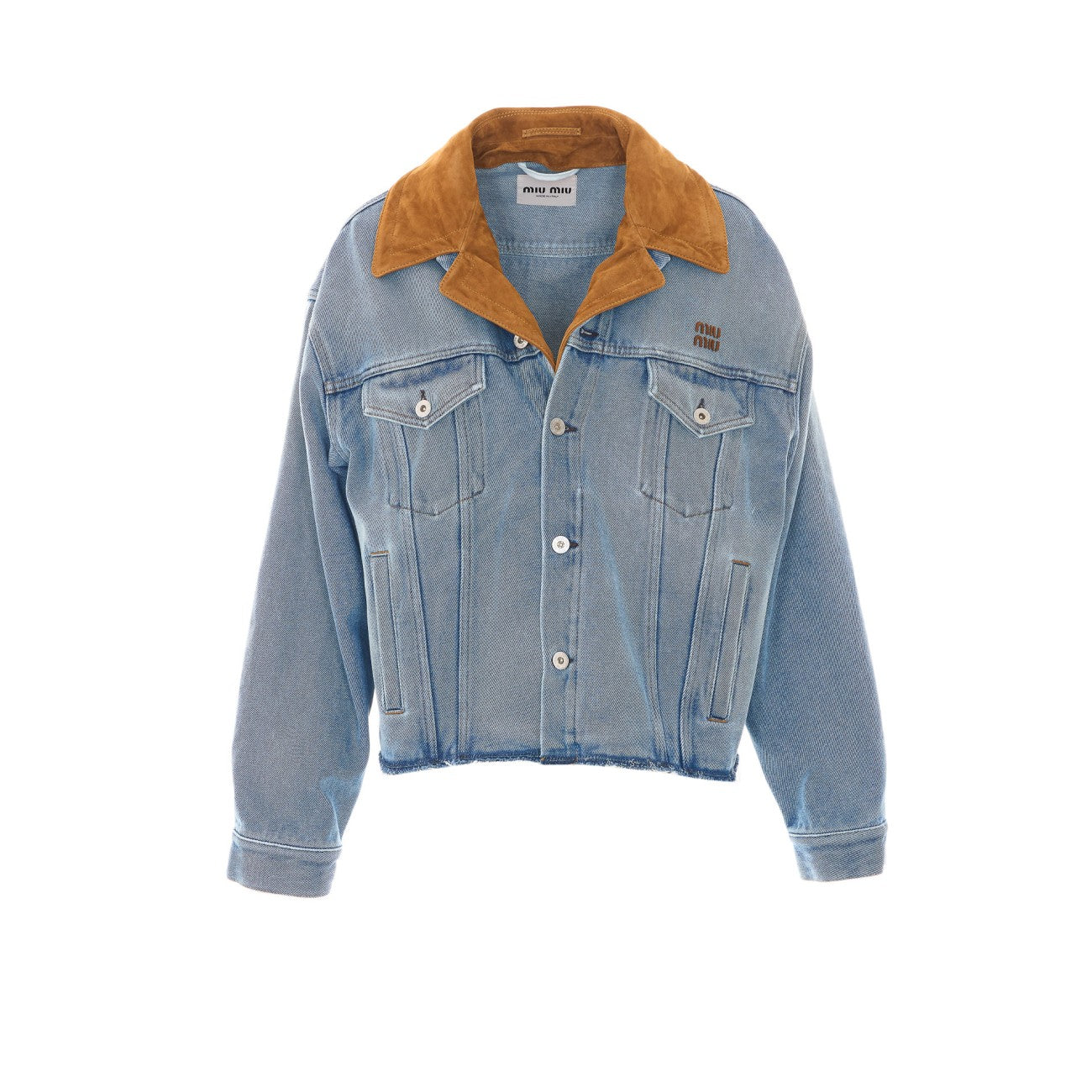 Miu Miu Women Washed Denim And Suede Logo Denim Jacket MIU MIU
