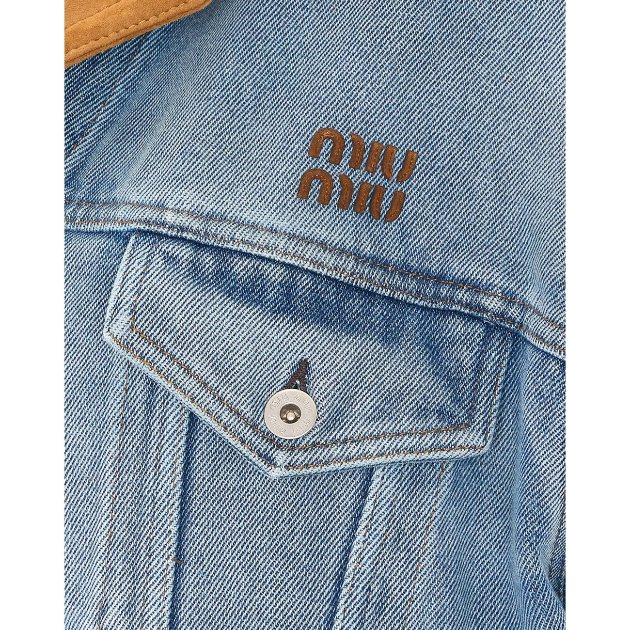 Miu Miu Women Washed Denim And Suede Logo Denim Jacket MIU MIU