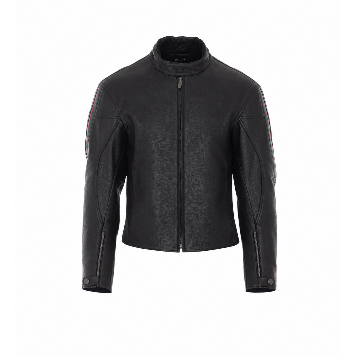 Gucci Men Web Detail Leather Biker Jacket GUCCI