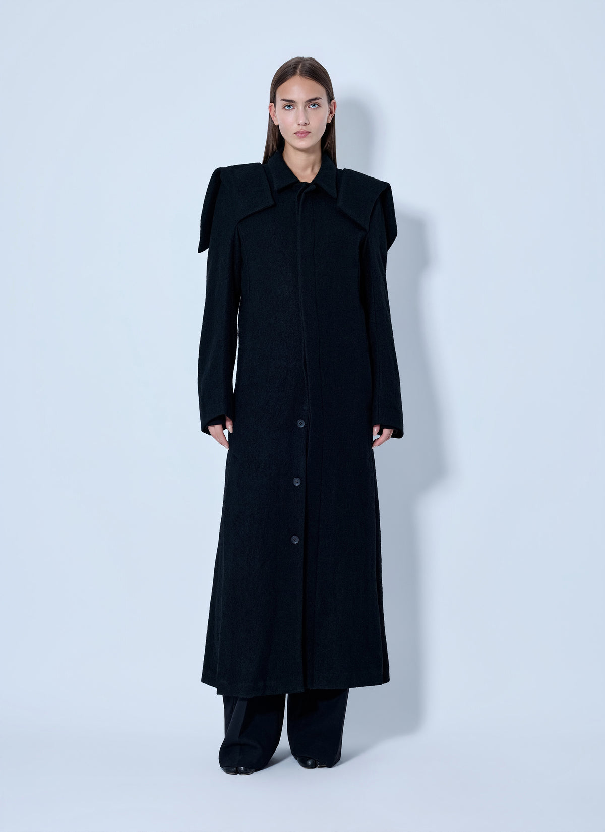 Yohji Yamamoto Women Shrink Serge Paneled Shoulder Long Coat YOHJI YAMAMOTO