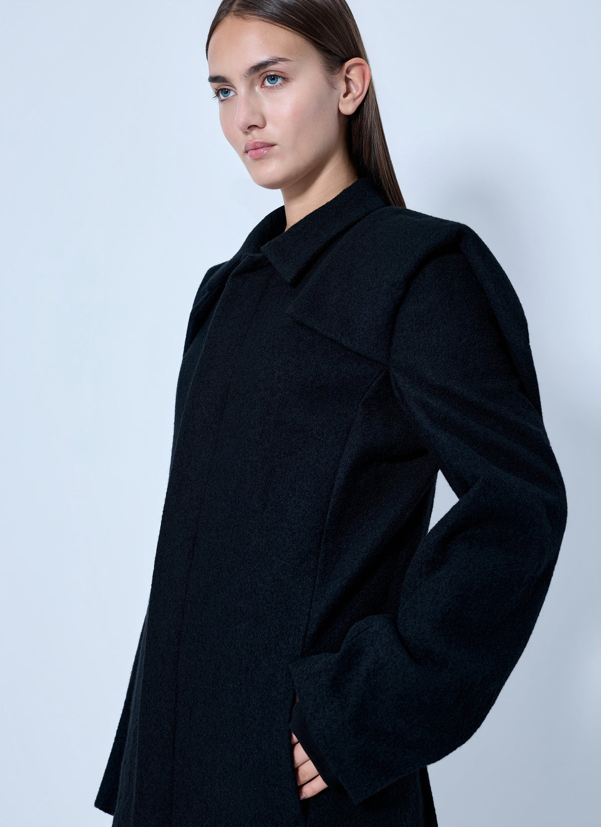 Yohji Yamamoto Women Shrink Serge Paneled Shoulder Long Coat YOHJI YAMAMOTO
