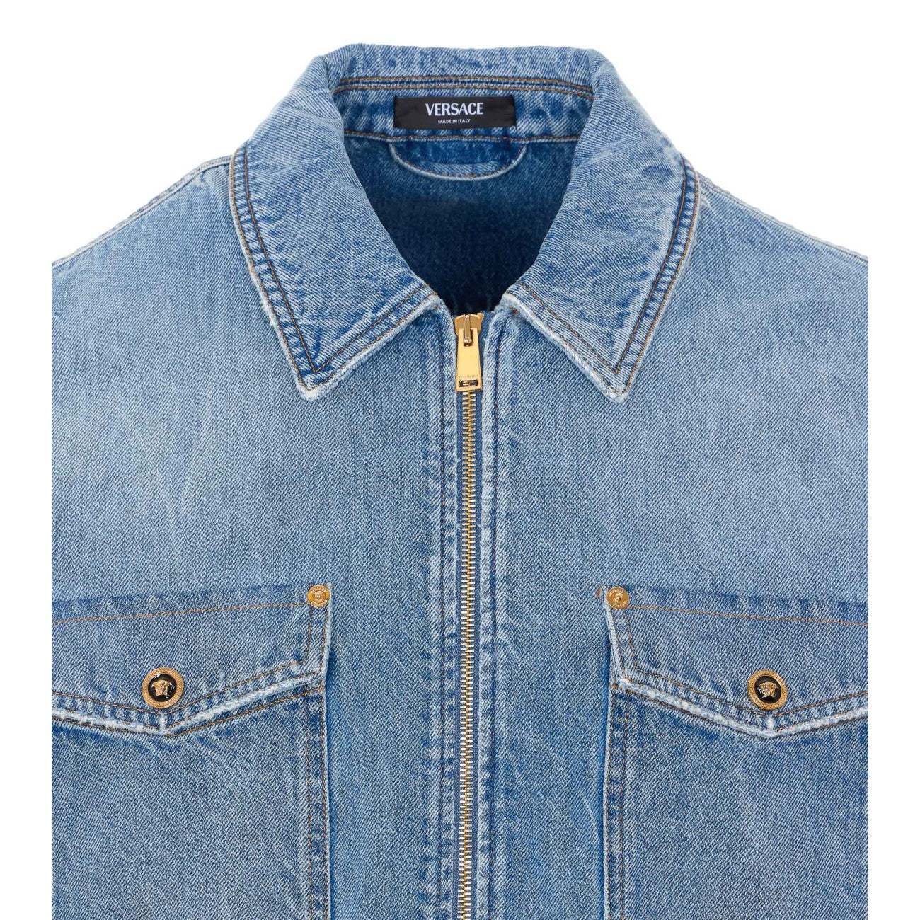 Versace Men Zipped Denim Shirt With Medusa Buttons VERSACE