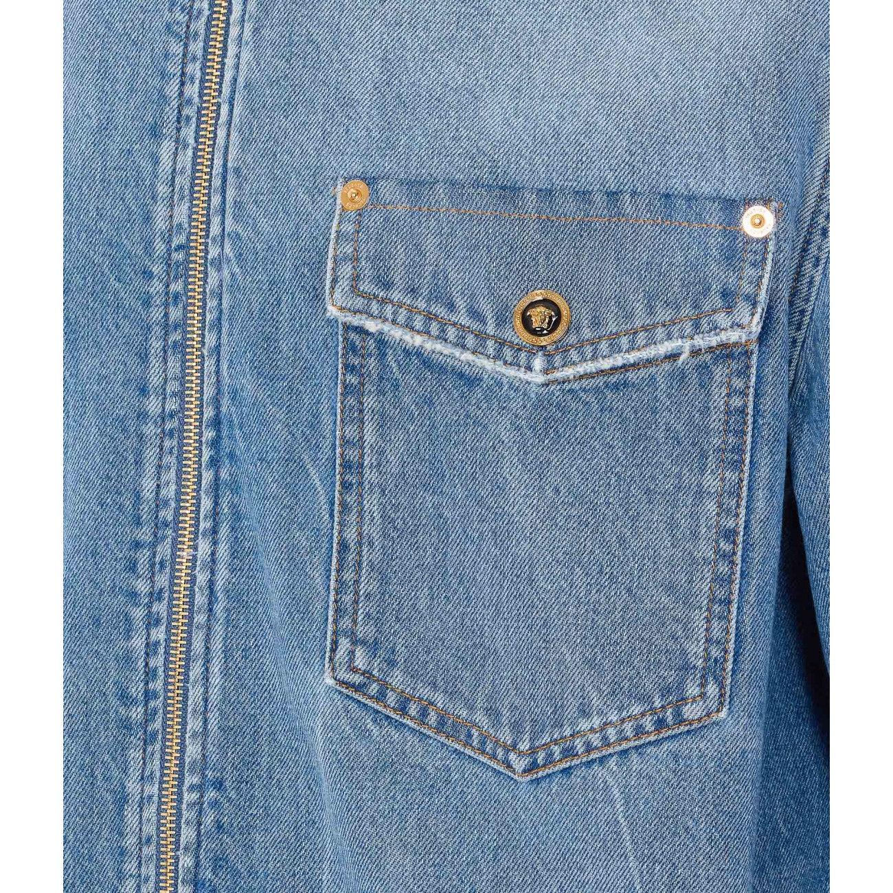 Versace Men Zipped Denim Shirt With Medusa Buttons VERSACE