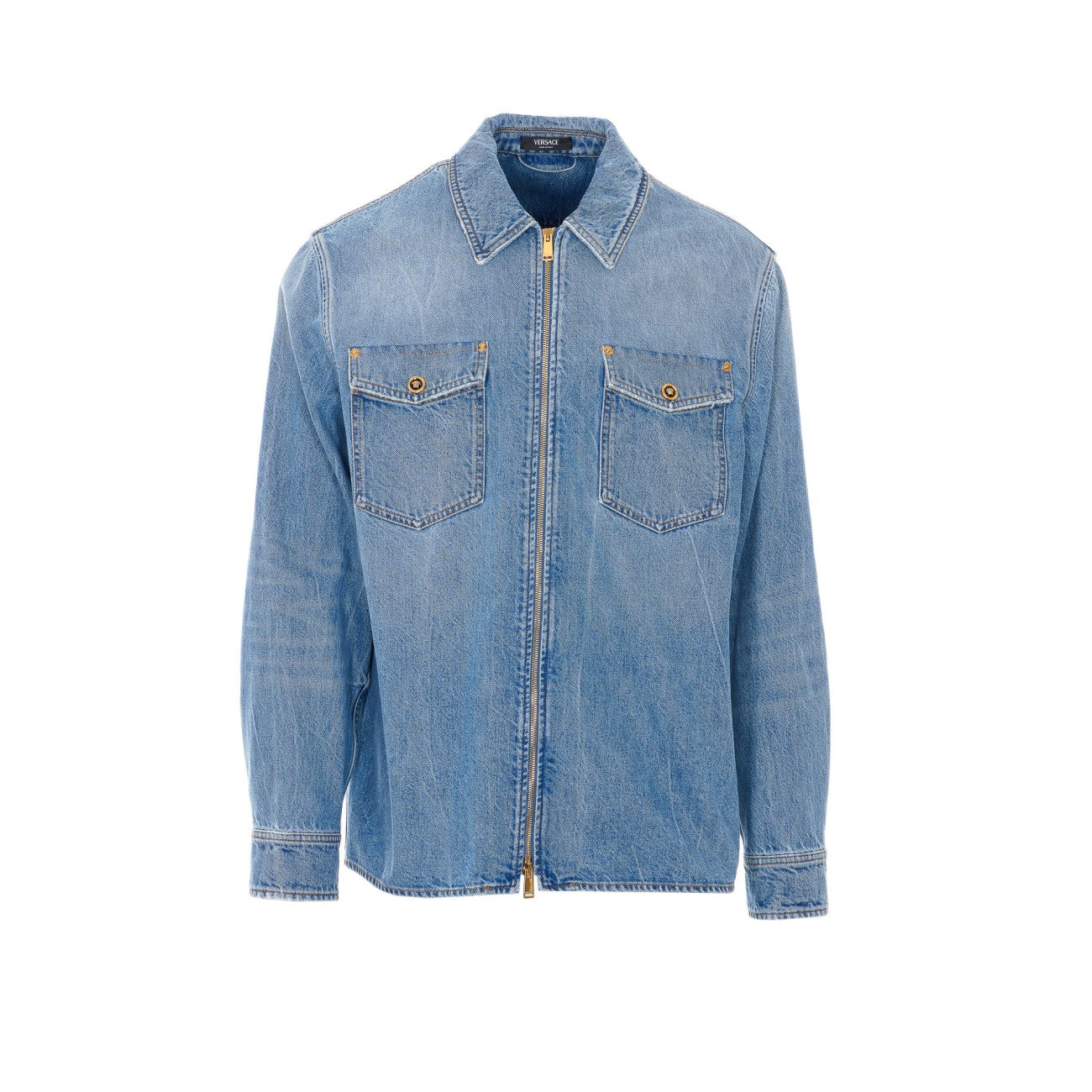 Versace Men Zipped Denim Shirt With Medusa Buttons VERSACE