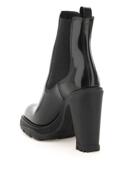 Alexander Mcqueen Women Black Cheslea Tread Heeled Boots/Booties