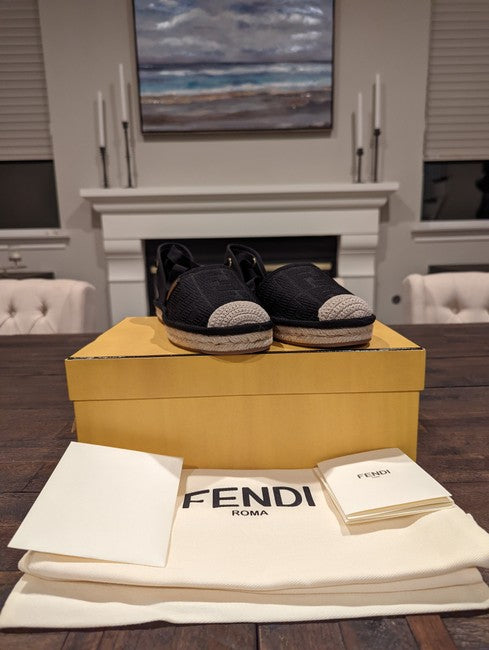 Fendi Women Black Roma Lace-Up Canvas Espadrille Sandals