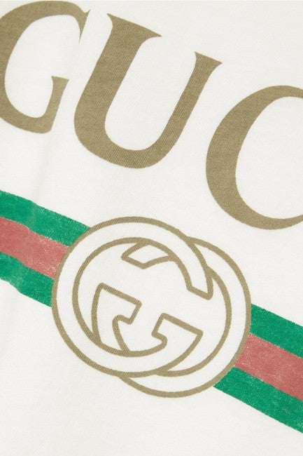 Gucci Women Ivory Logo Printed Distressed Appliqued Tee Shirt