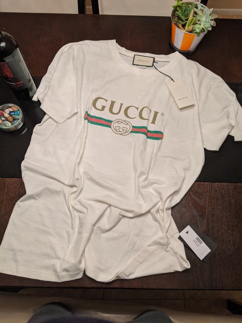 Gucci Women Ivory Logo Printed Distressed Appliqued Tee Shirt