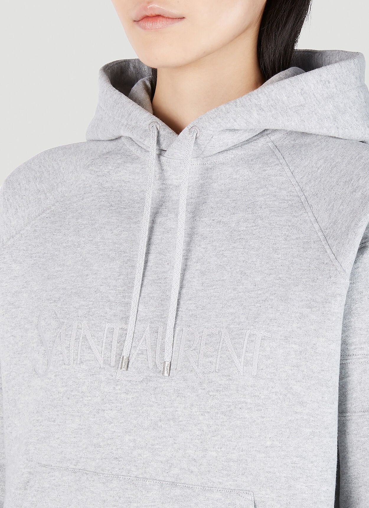 Saint Laurent Women Logo Embroidery Hooded Sweatshirt In Grey